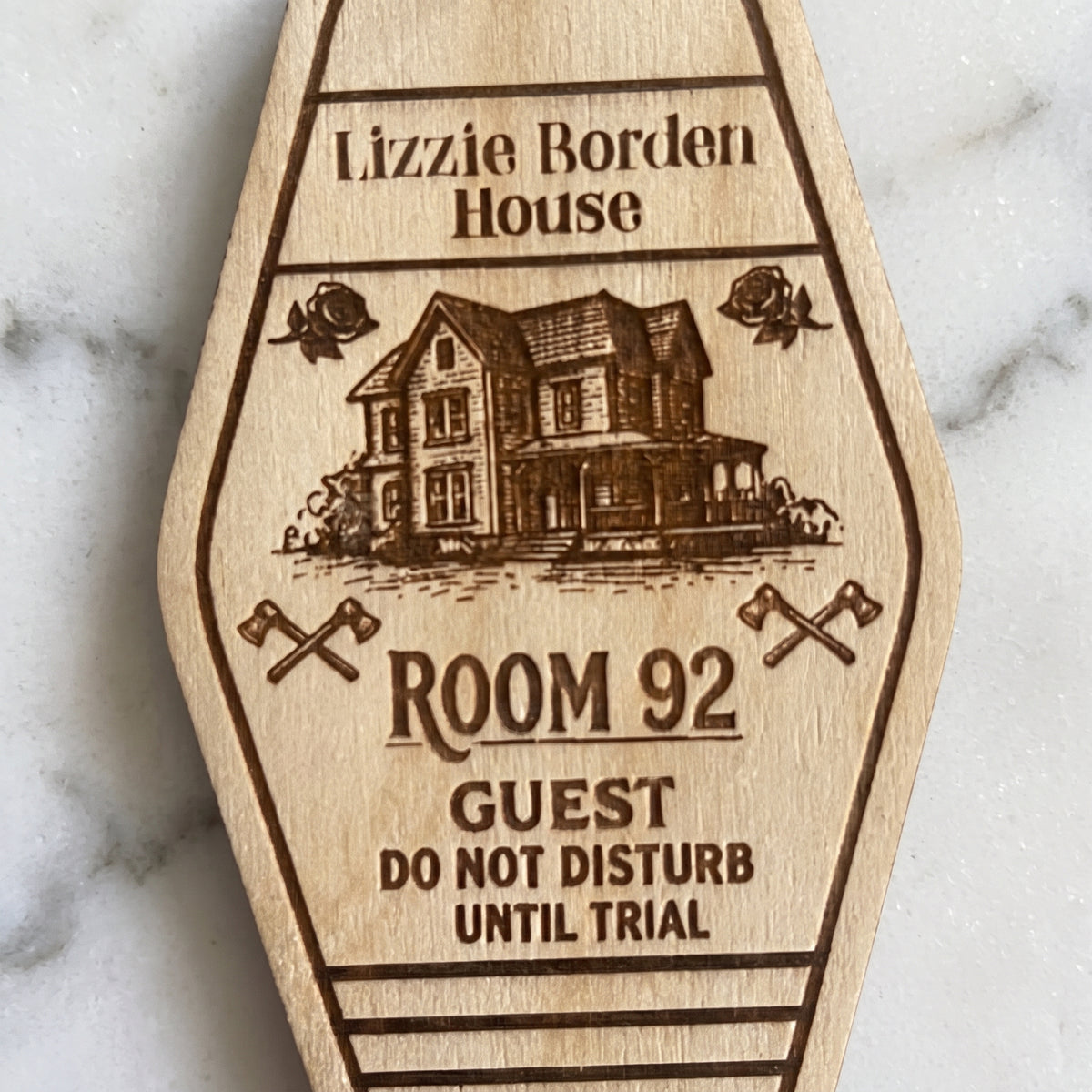 Lizzie Borden House Wooden Motel Keychain – Retro Room 92 True Crime Key Tag