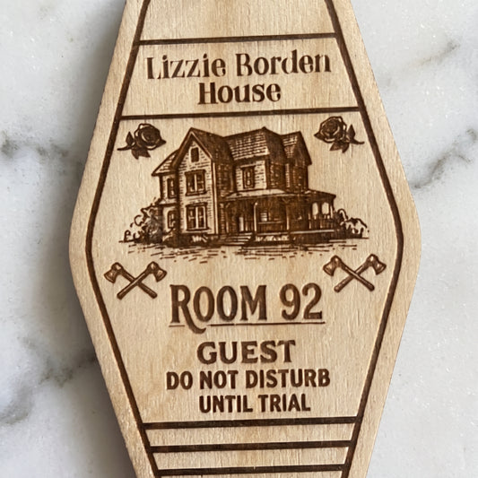 Lizzie Borden House Wooden Motel Keychain – Retro Room 92 True Crime Key Tag