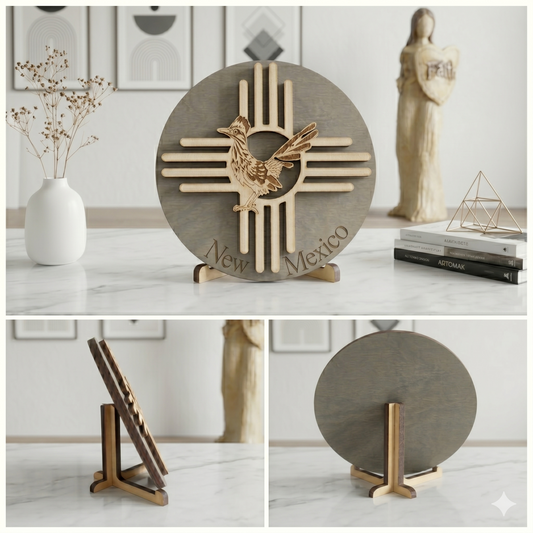 New Mexico Zia Symbol & Roadrunner Wood Sign