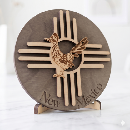 New Mexico Zia Symbol & Roadrunner Wood Sign
