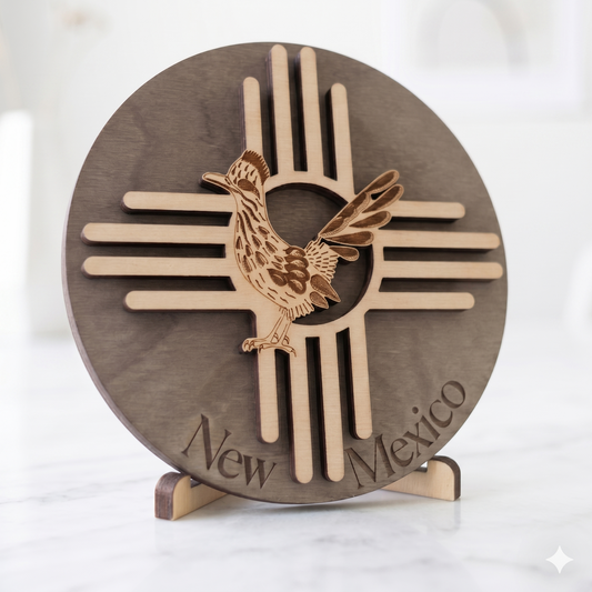 New Mexico Zia Symbol & Roadrunner Wood Sign