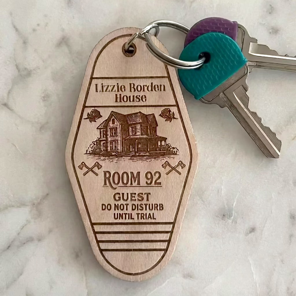 Lizzie Borden House Wooden Motel Keychain – Retro Room 92 True Crime Key Tag