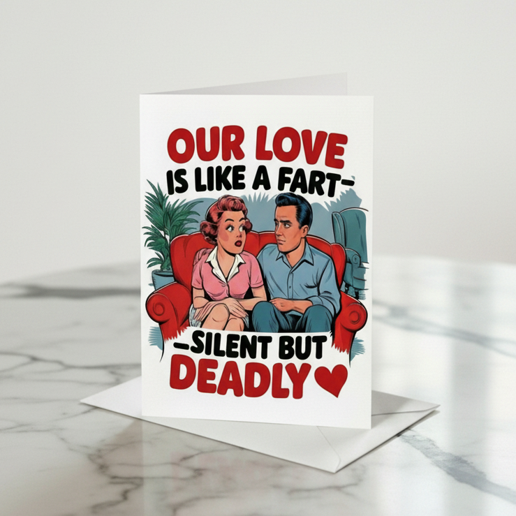 A novelty greeting card standing on a white envelope on a marble table, with a blurred living room background. The card features a retro-style illustration of a surprised woman and a man sitting in a red armchair, with bold text reading 'OUR LOVE IS LIKE A FART SILENT BUT DEADLY' and a red heart.